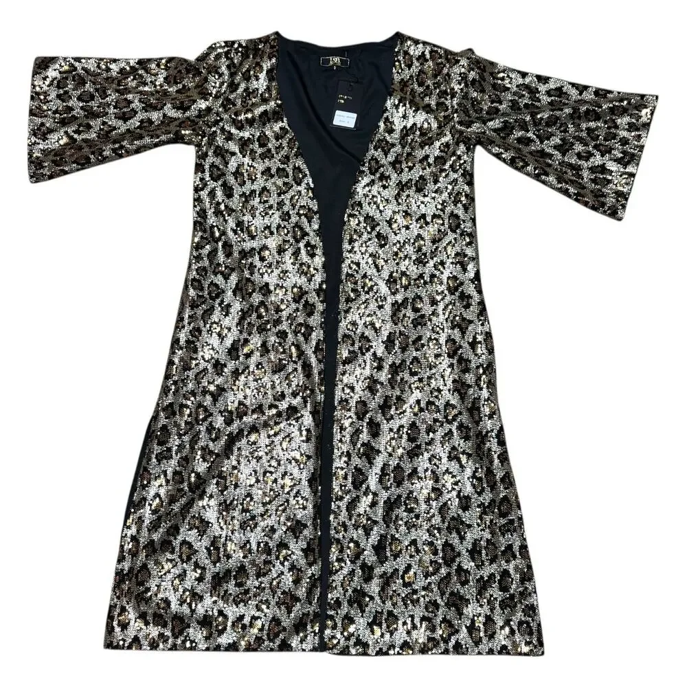 L&B Open Front Mid Length Kimono Leopard Sequin Small